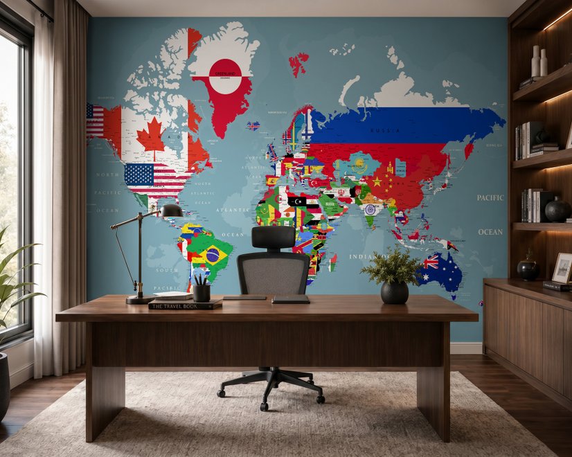 Country Flags on World Map Wallpaper Mural