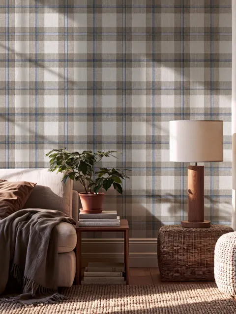 Beige, oat and cream-white plaid wallpaper with fine navy-blue stripes and printed linen texture