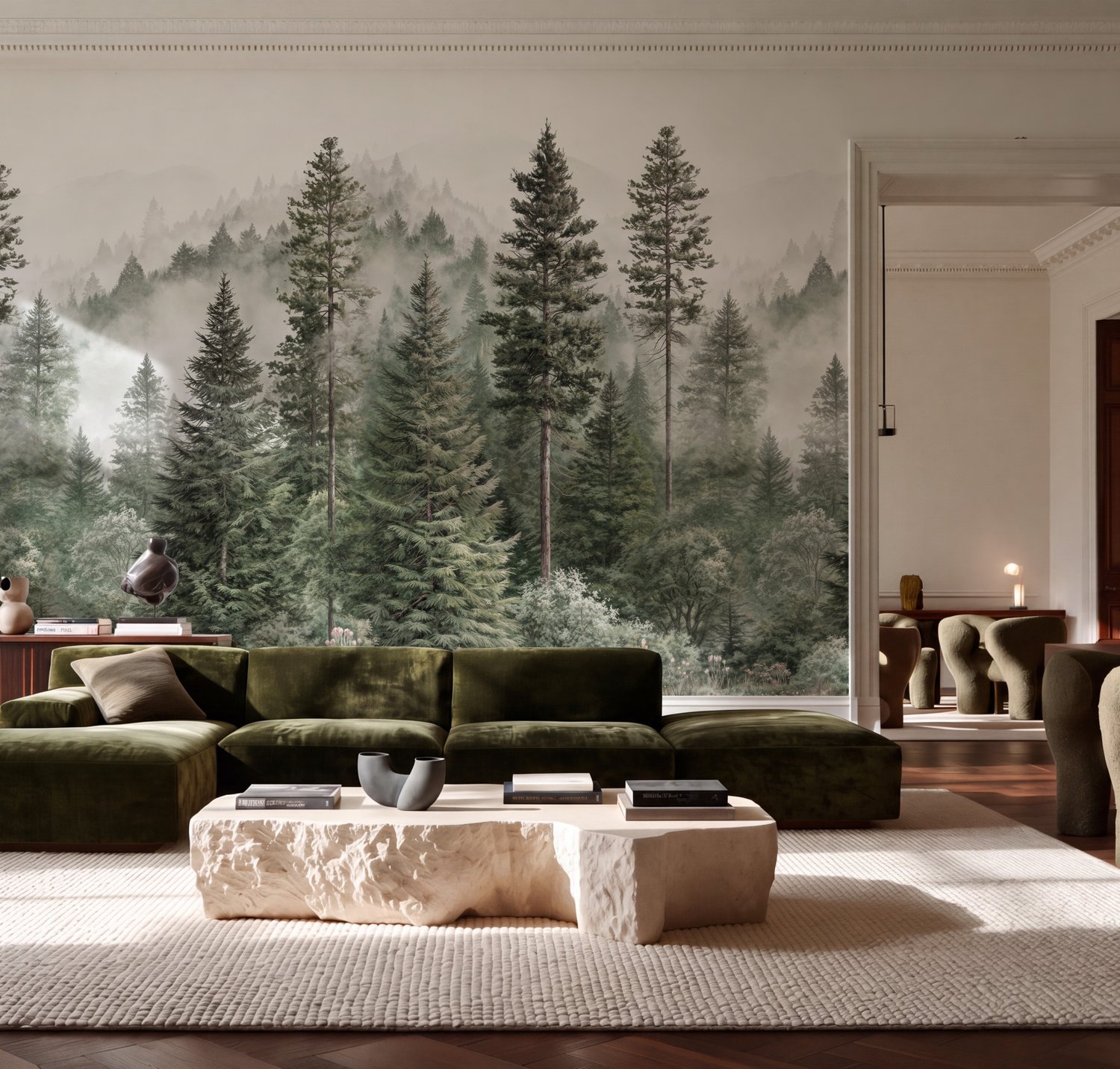 Serene Pine Forest Wallpaper with Misty Mountain Mural Wallpaper - Peel and Stick
