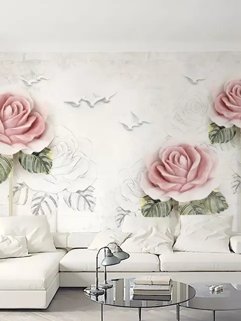 Fototapete mit Zartrosa Blumen und Kohlezeichnung von Rosen