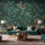 Floral wallpaper with birds in a teal chinoiserie garden with blossoms, pheasant, palms and stone railings