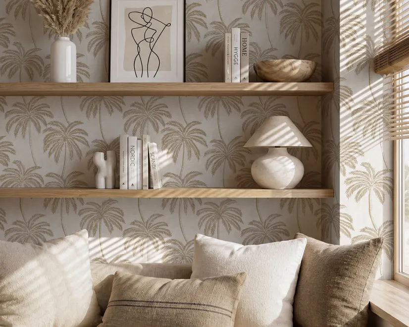 Muted sandy taupe palm trees and pale foliage on a creamy ivory ground tropical wallpaper