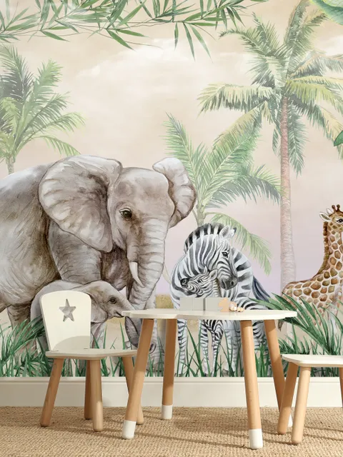 Fototapete Kinder Safari Tiere mit Jungtieren
