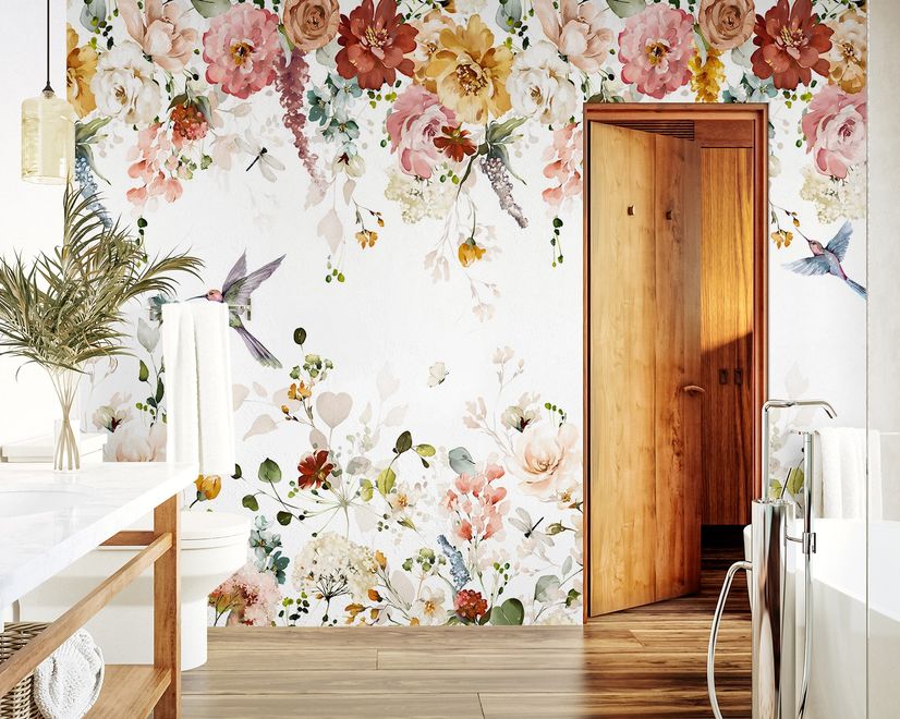 Watercolor Soft Floral with Birds Wallpaper Mural