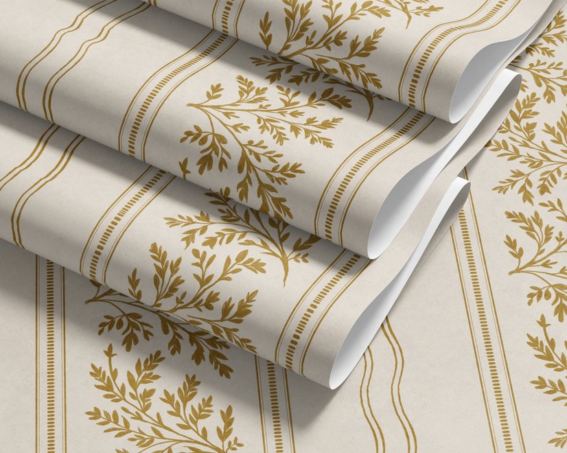 Gold and white wallpaper with antique gold leafy sprig stripes on parchment cream