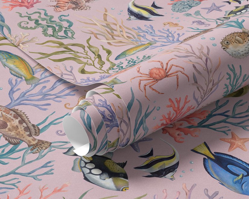 Cute pink seashell wallpaper with watercolour reef fish, coral, seaweed, starfish and shells on blush pink