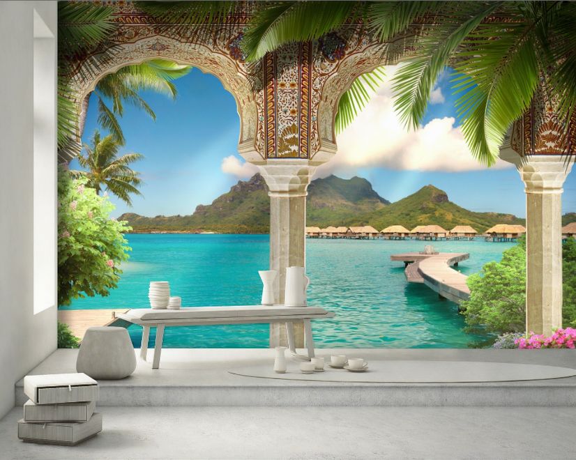 3D Look Sea Landscape with Lux Arabian Arches Wallpaper Mural