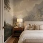 Landscape wallpaper mural with sepia coastal mountains, sailboat, beach figure and foreground tree