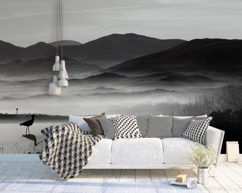Monochrome Dark Lake Landscape Wallpaper Mural