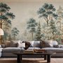 Vintage forest wallpaper mural with blue-grey trees, ivory blossom, red plants and toadstools around a misty path