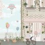 Papier peint panda avec ballons devant maison jardin floral pour enfants