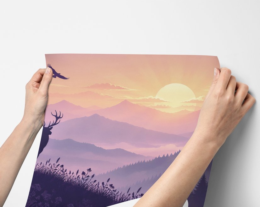 Stag mountain wallpaper with a navy deer silhouette, lavender pine ridges and a pale golden sun