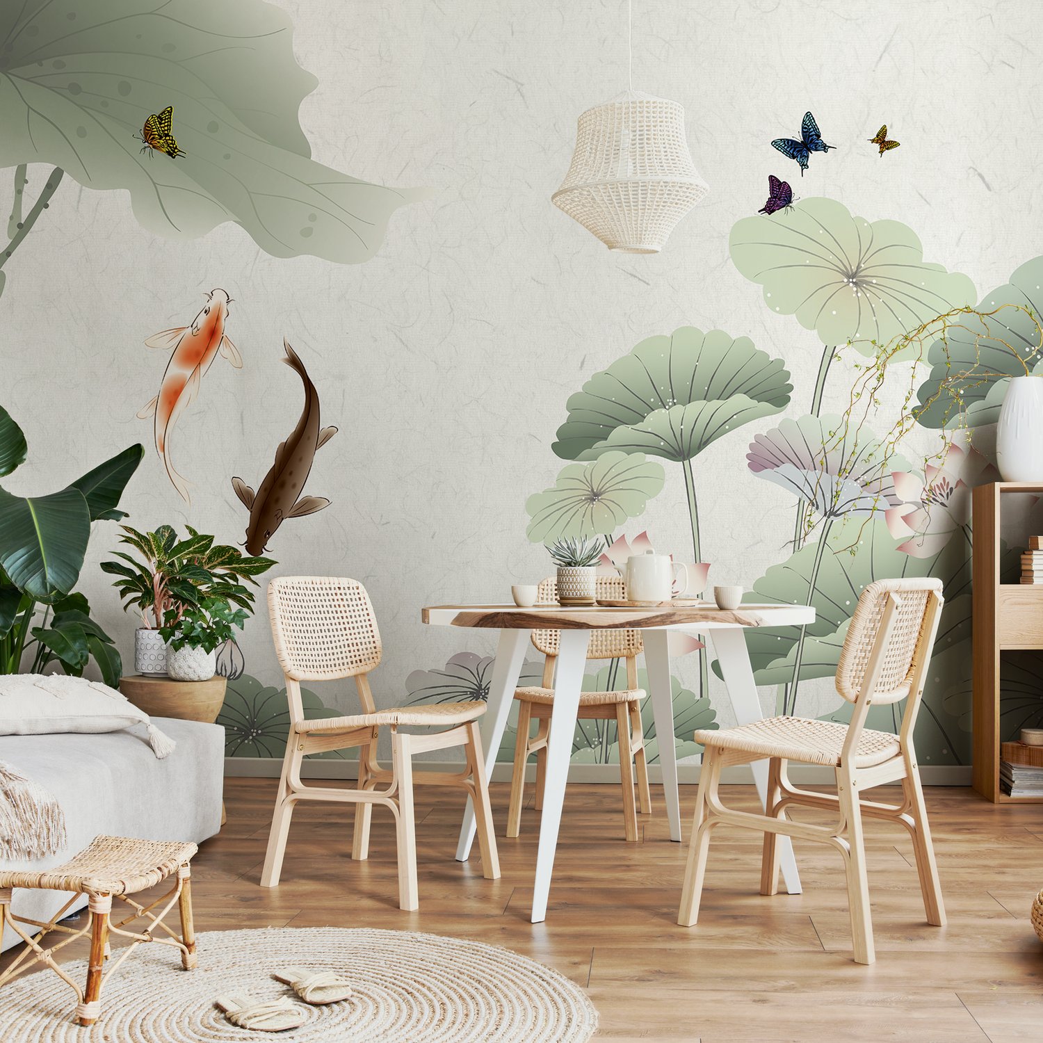 Watercolor Lotus Flower and Butterflies Wallpaper Mural - Peel and Stick