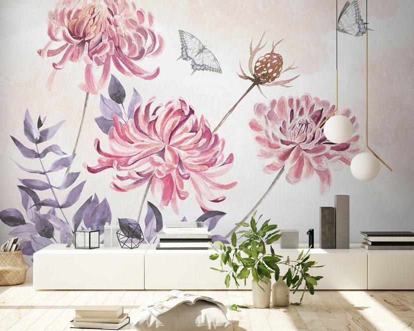 Retro Aquarell Pink Löwenzahnblumen Fototapete