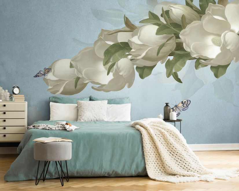 Gardenia Floral and Butterfly Wallpaper Mural