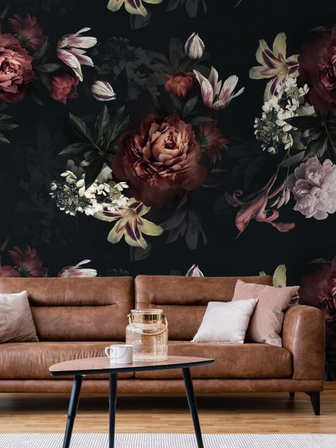 Realistic Dark Peony Floral Bouquet Wallpaper Mural