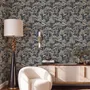 Navy wallpaper with warm ivory and taupe grey toile tree repeat on deep slate blue ground