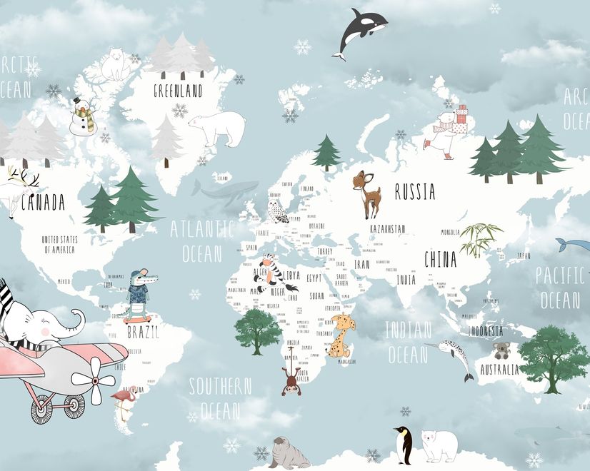 Papier peint panoramique carte monde bleue animaux éléphant volant enfants