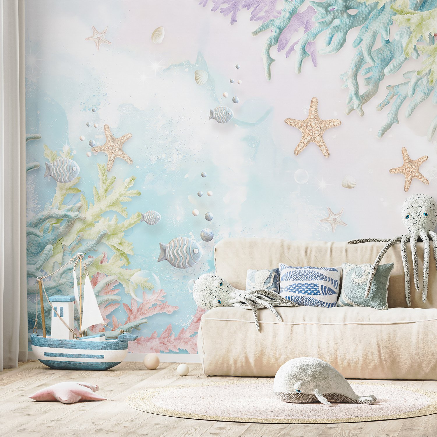 3D Look Soft Undersea with Seashells Wallpaper Mural - Peel and Stick