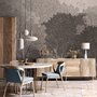 Misty forest nature wallpaper mural in greige, taupe and charcoal watercolour with birds