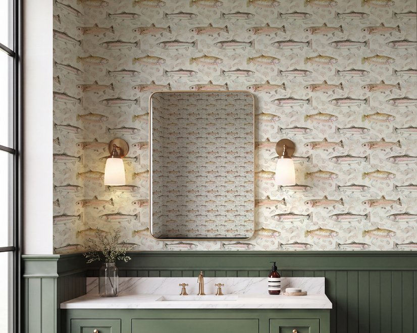 Watercolor fish wallpaper with trout, seashells and pale aqua washes on a warm cream ground