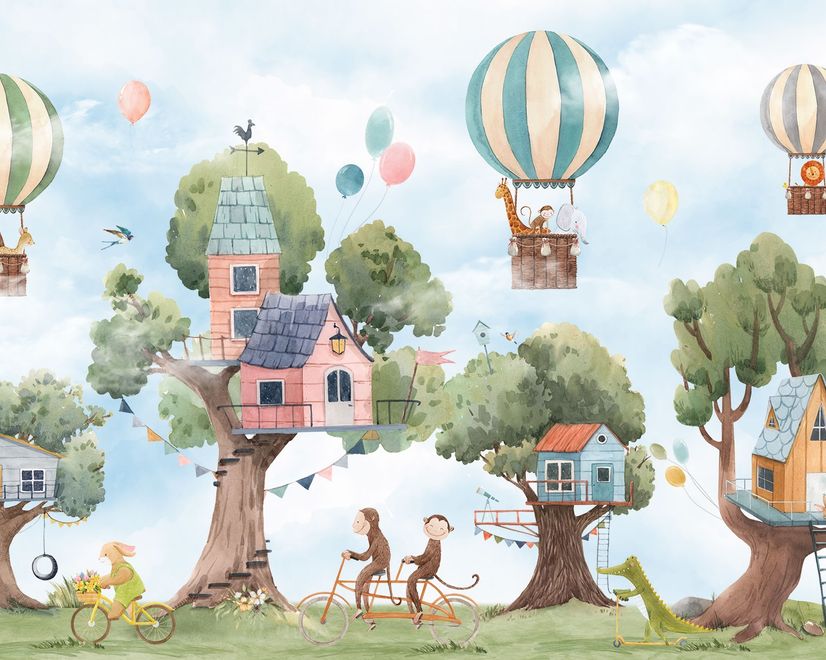 Cute Flying Animals with Treehouse for Kids Nursery Wallpaper Mural