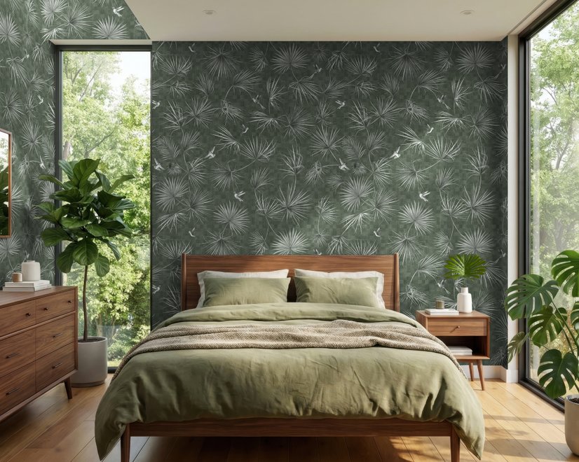 Tropical Palm Leaf and Birds Wallpaper Mural