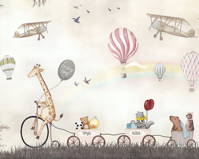 Vintage Hot Air Balloon and Rainbow Wallpaper Mural
