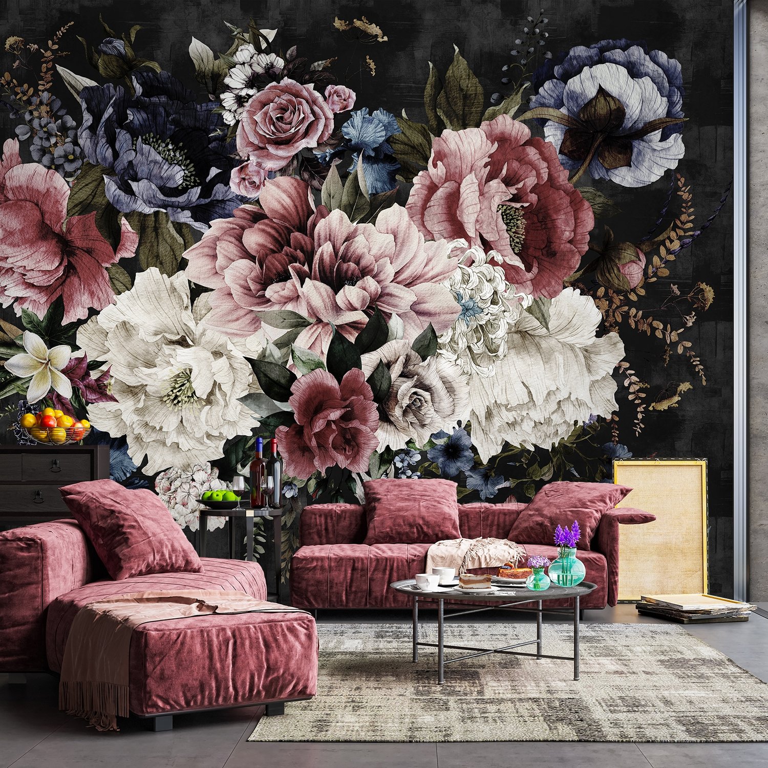 Watercolor Dark Peony Floral Wallpaper Mural - Peel and Stick