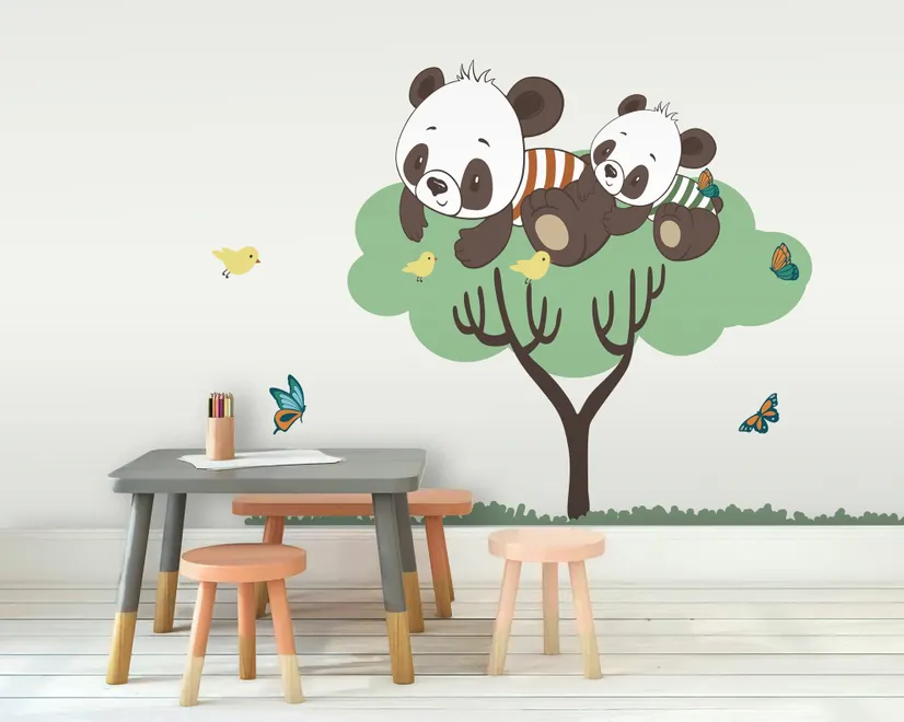 Panda and Her Cubs on the Tree with Butterfly and Birds Wall Decal Sticker