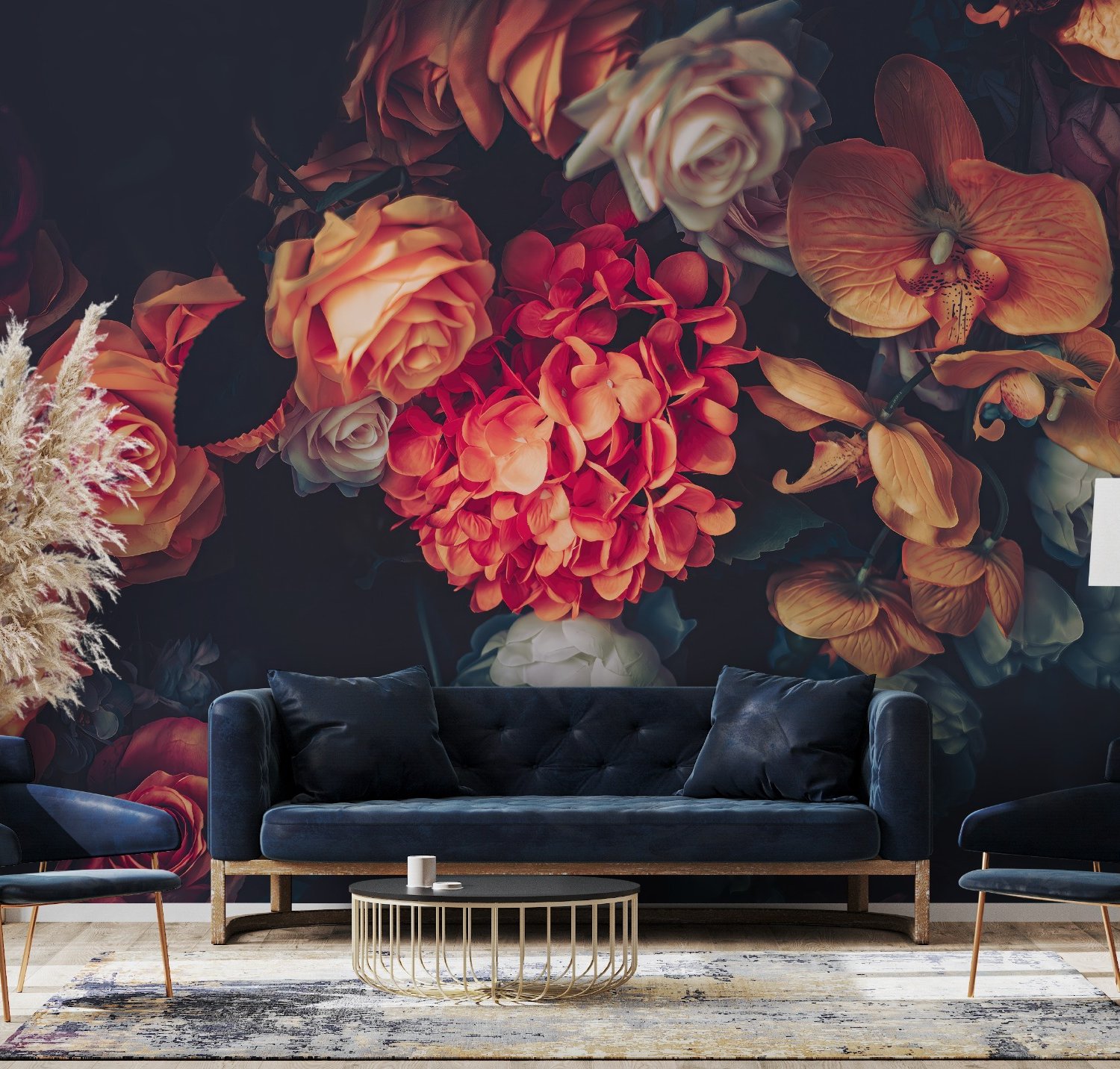 Red Hydrangea Orange Orchid Rose Dark Floral Bouqet Wallpaper Mural - Peel and Stick