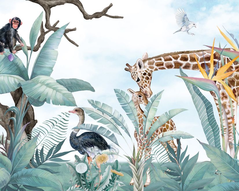 Kids Safari Animals with Fresh Tropical Leaves Wallpaper Mural