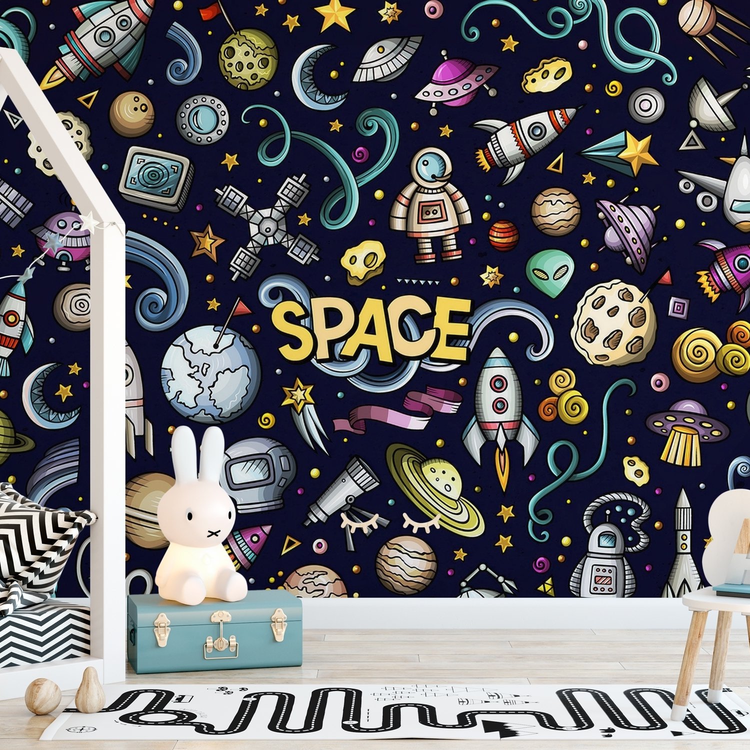 Kids Cartoon Space with Astronaut and Colorful Planets Wallpaper Mural - Peel and Stick