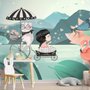 Papier peint panoramique dessin animé petite fille avec chat et lotus rose pour chambre de filles