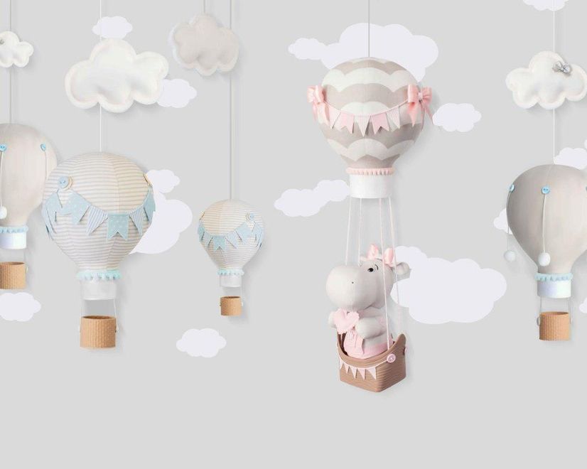 Little Hot Air Balloons with Clouds Wallpaper Mural