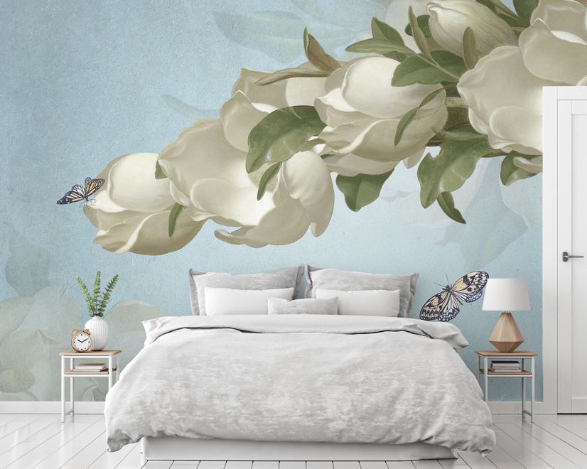 Gardenia Floral and Butterfly Wallpaper Mural