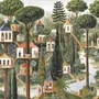 Architectural design wallpaper mural of forest treehouses, rivers, boats and small figures in green watercolour