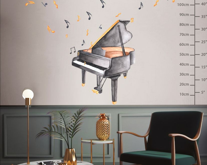 Aquarell Klavier und Trompete mit bunten Musiknoten Wandtattoo