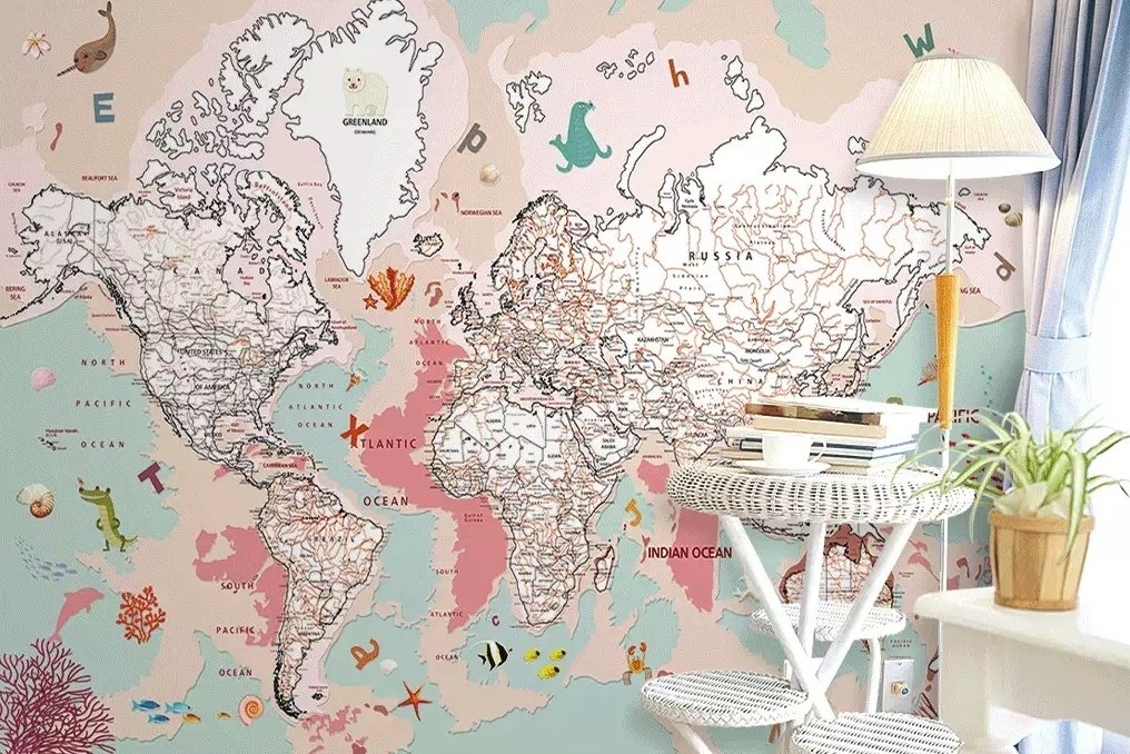 Pink Political World Map with Animals Wallpaper Mural - Peel and Stick
