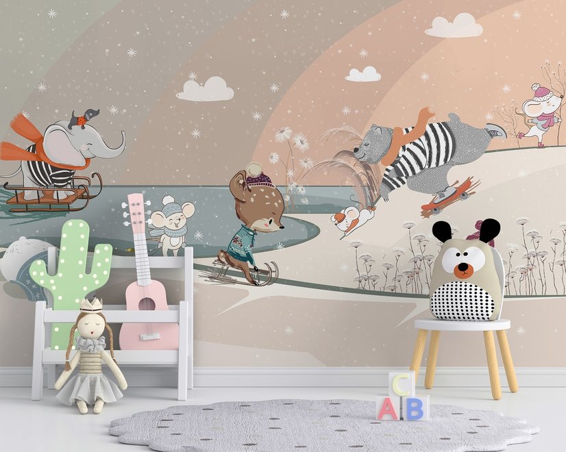Nursery Snowy Landscape with Cute Cartoon Animals Wallpaper Mural