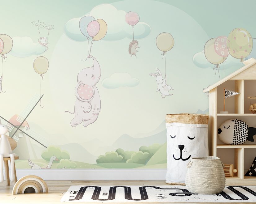 Animals Flying with Balloon Wallpaper Mural