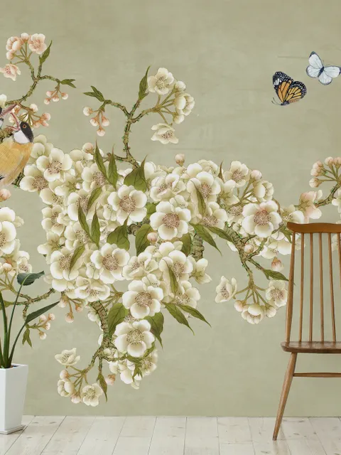 Papier peint panoramique art floral bégonia crème