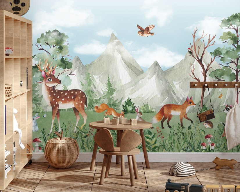 Niedliche Waldtiere mit Kinder-Berglandschaft Fototapete