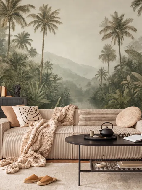 Misty tropical forest wallpaper with palms, pale river and hazy hills in muted green sepia