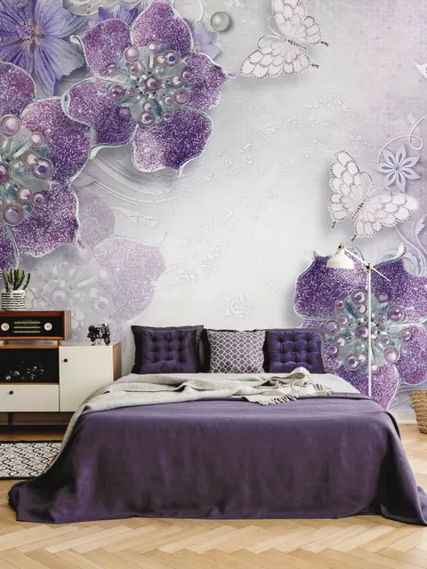 Papier peint panoramique violet avec papillons Swarovski
