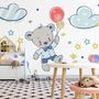 Kids Flying Cute Bear and Colorful Stars in the Cartoon Sky Wall Decal Sticker