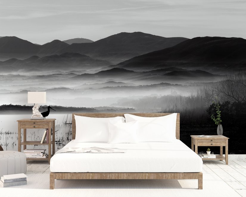 Monochrome Dark Lake Landscape Wallpaper Mural