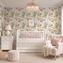 Watercolour floral wallpaper with sage leaves, blush and ochre flowers on a white ground