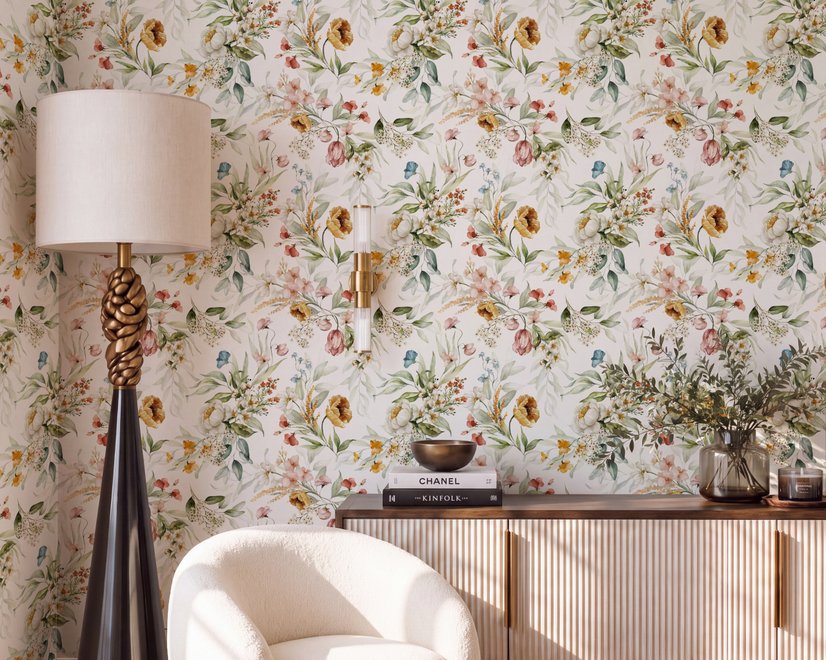 Watercolour floral wallpaper with sage leaves, blush and ochre flowers on a white ground