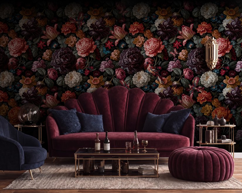 Vintage peony wallpaper mural with plum, blush and ivory flowers, dark foliage and small hummingbirds
